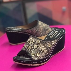 Italina Stunning Black Embroidered Comfort Wedge